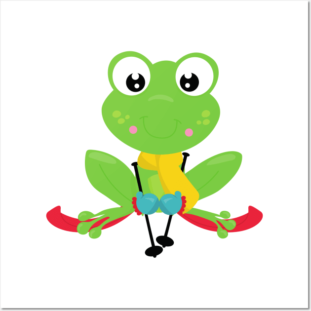 Winter Frog, Cute Frog, Green Frog, Skis, Skiing Wall Art by Jelena Dunčević